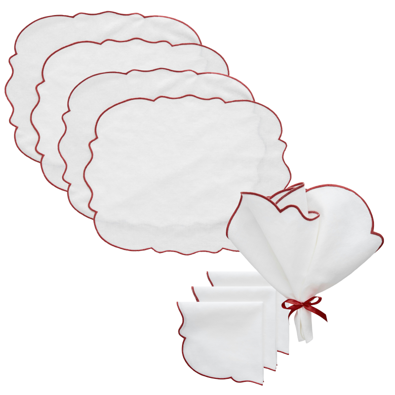 Gia Tekstilsett 4 Spisebrikker + 4 Servietter, Hvit / Vinrød