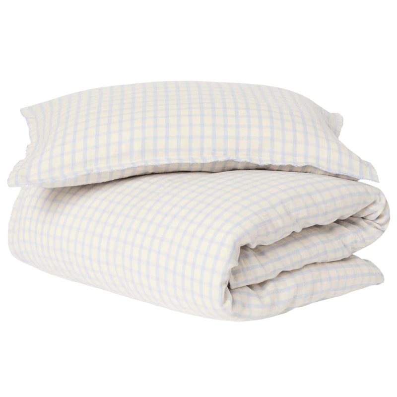 Gingham Sky Blue Muslin Sengesett Junior, 100x130 + 35x55 cm