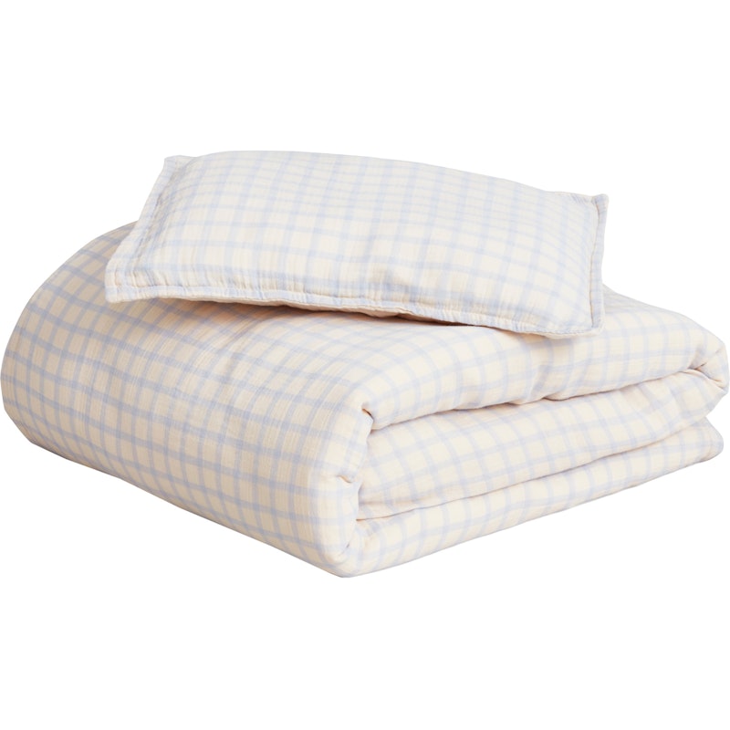 Gingham Sky Blue Muslin Sengesett Baby, 70x80 + 28x35 cm