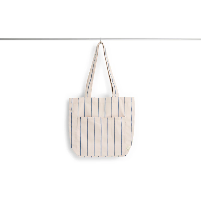 Outdoor Market Tote Bag Medium, Beige With Blue Stripe
