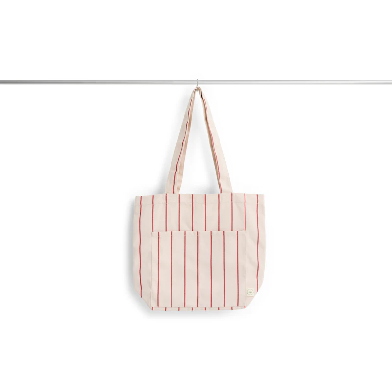 Outdoor Market Tote Bag Medium, Beige With Red Stripe