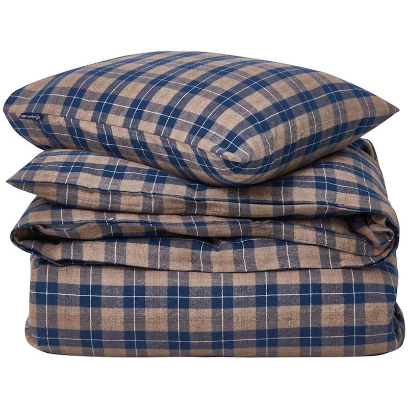 Checked Cotton Flannel Sengesett 150x210/50x60 cm, Denim Blue/Beige