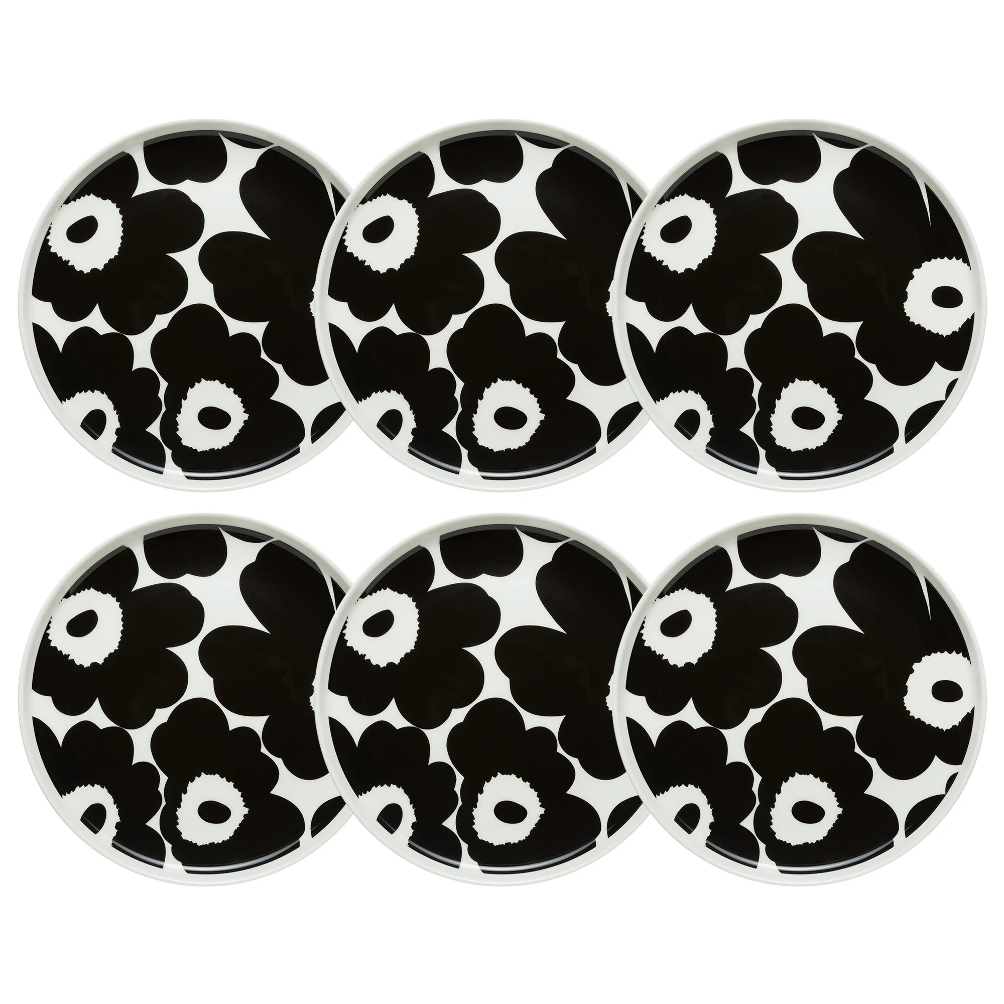 Marimekko Oiva / Unikko Sidetallerken 20 Cm 6-pk / Hvit - Asjetter Stengods Sort - 070763-190X6