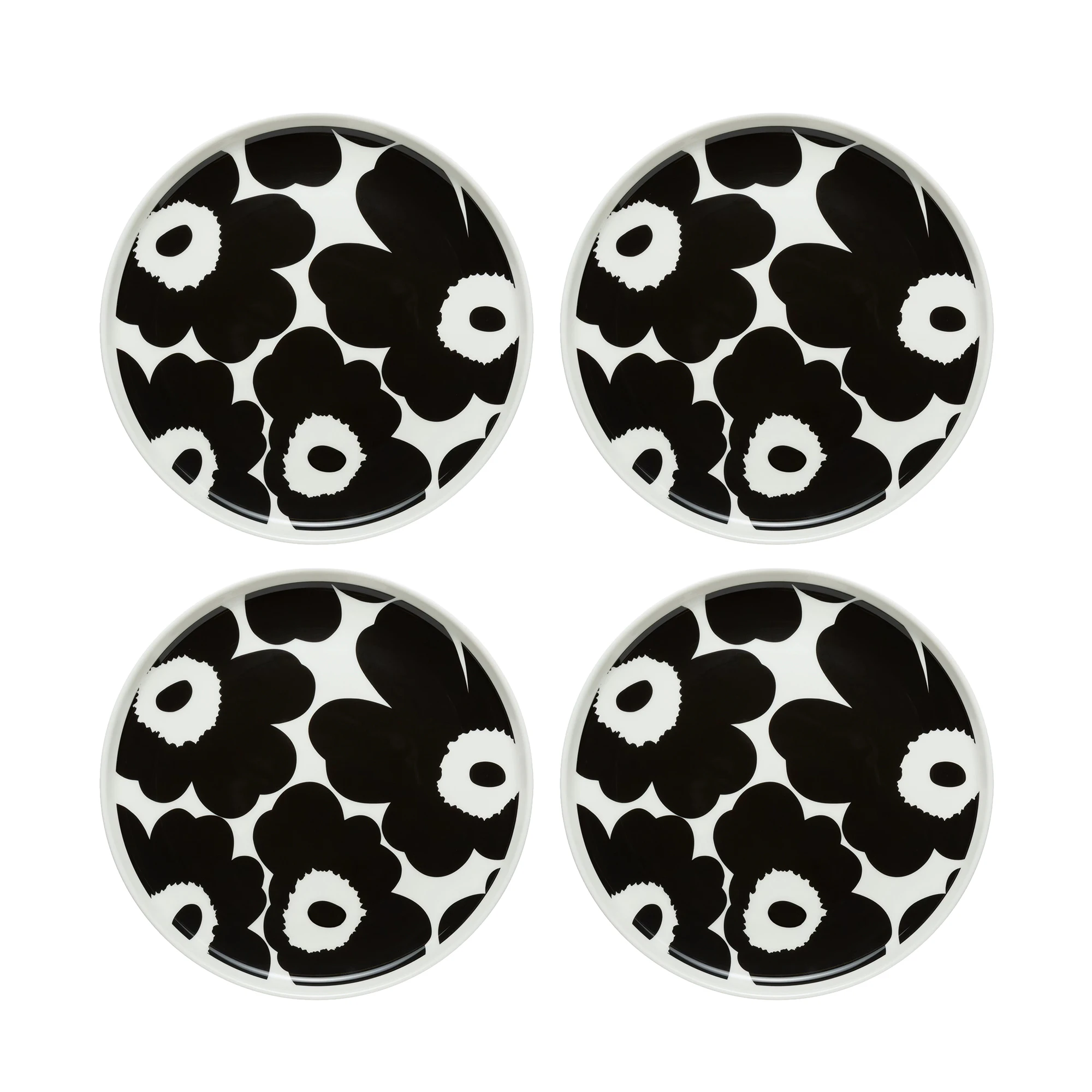 Marimekko Oiva / Unikko Sidetallerken 20 Cm 4-pk / Hvit - Asjetter Stengods Sort - 070763-190X4