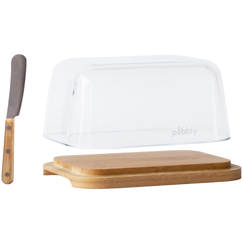 Smørskål Med Smørkniv, Glass / Bambus