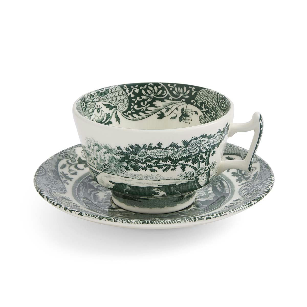 Spode Heritage Green Italian Tekopp Med Tallerken Gr&oslash;nn -  Tekopper Porselen Hvit - HGI1130