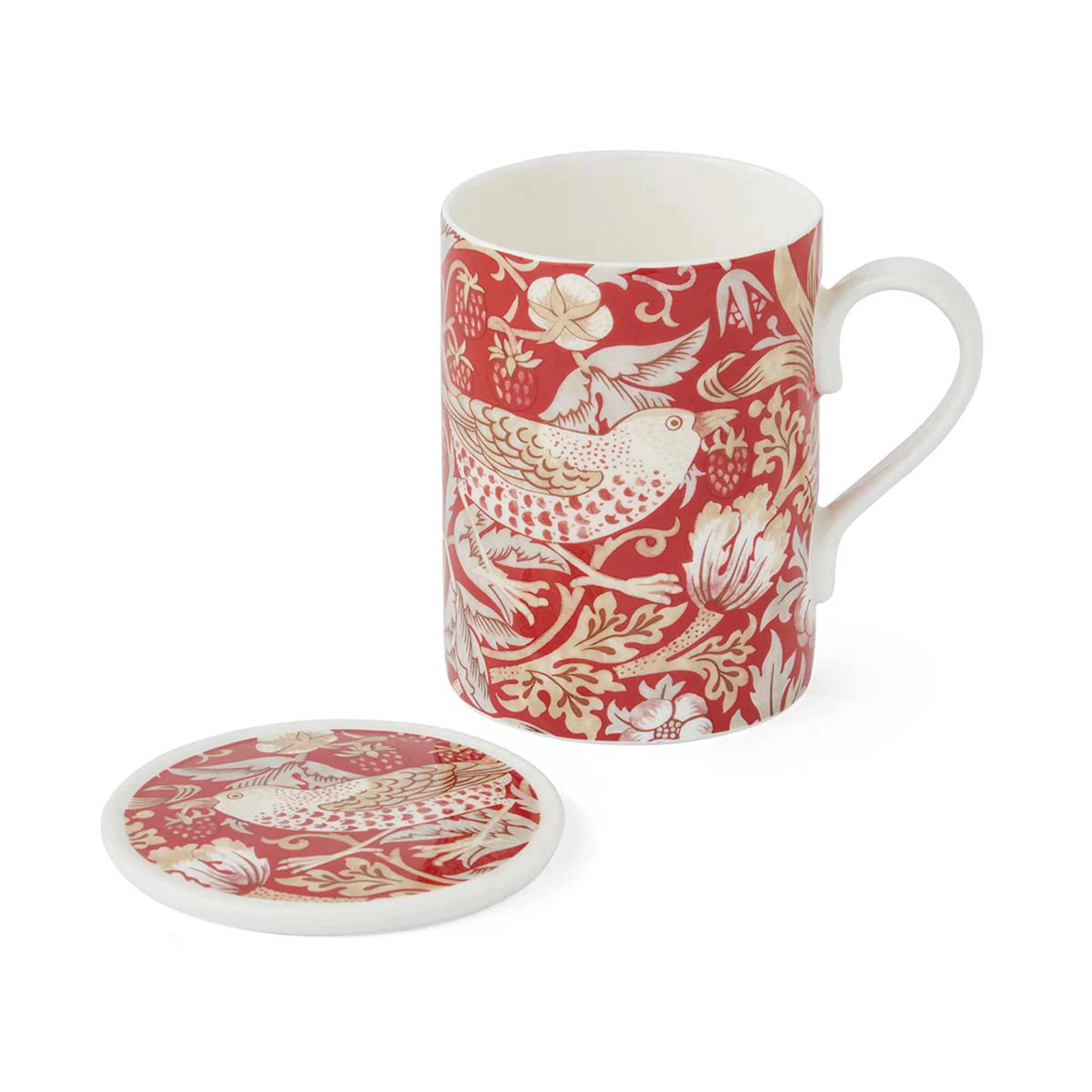 Spode William Morris & Co Krus + Glassunderlag Strawberry Thief / Indian Red - Kaffekopper Porselen Multi - MCOX9273-XG