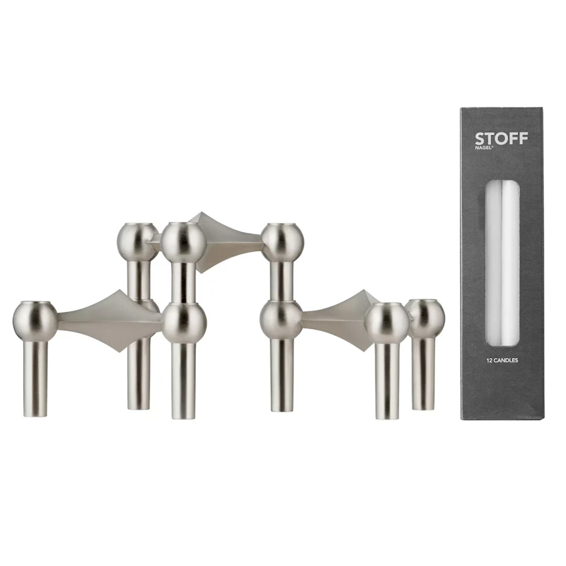 Nagel Lysestake 3-pk + 12 Stearinlys, Brushed Chrome