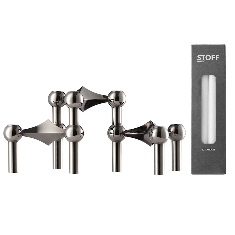 Nagel Lysestake 3-pk + 12 Stearinlys, Sort Krom