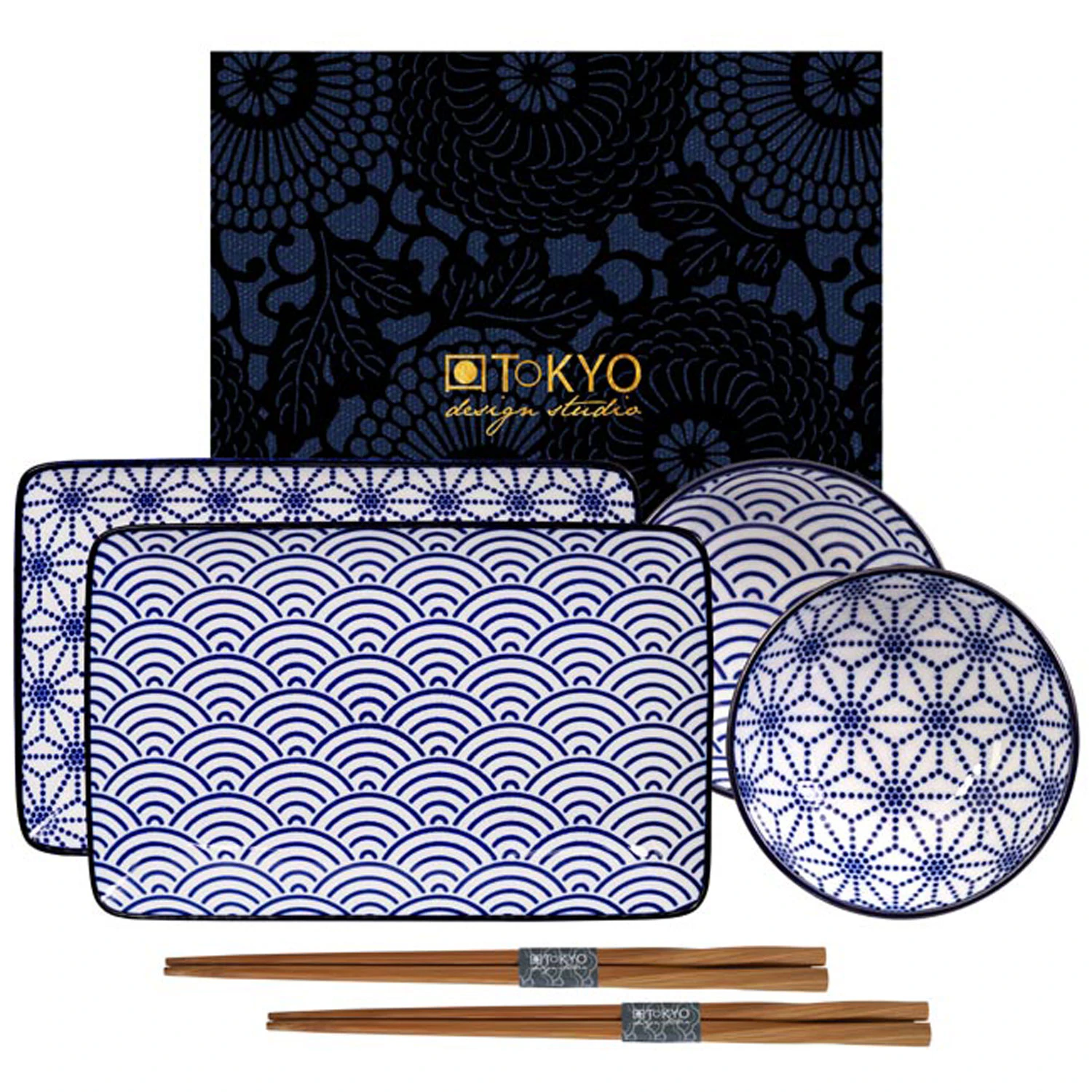 Tokyo Design Studio Nippon Blue Sushi Sett 6 Deler Wave/star -  Tallerkener Porselen Bl&aring; - 15330